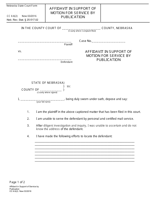 Form CC6:6(2) Affidavit in Support of Motion for Service by Publication - Nebraska