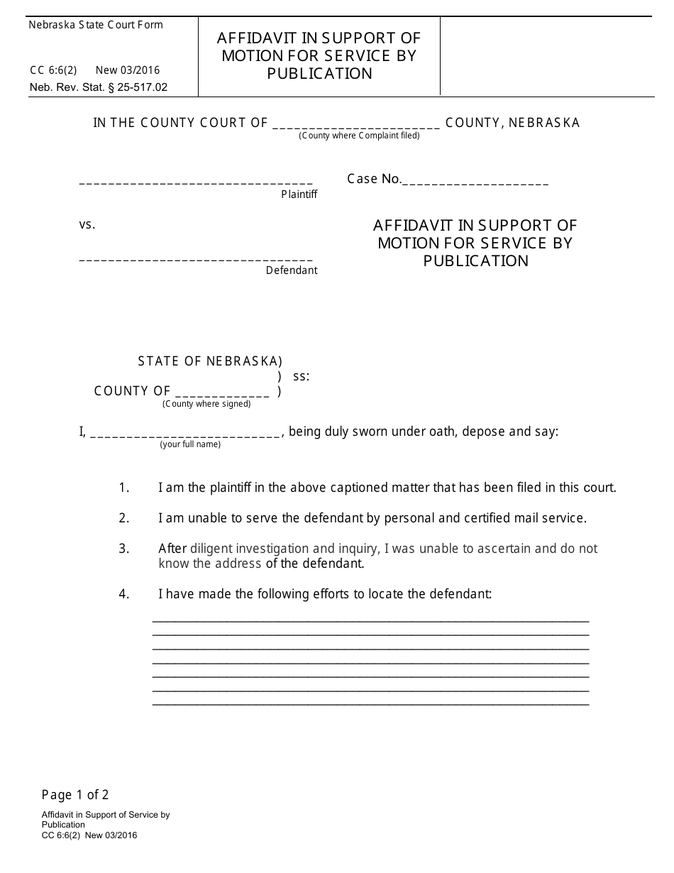 Form CC6:6(2) Affidavit in Support of Motion for Service by Publication - Nebraska, Page 1