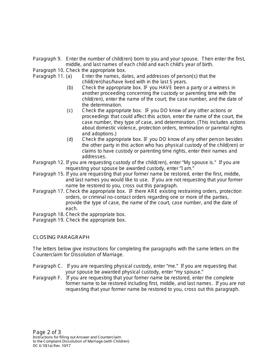 Instructions for Form DC10:1 Answer and Counterclaim for Dissolution of Marriage (Children) - Nebraska, Page 2