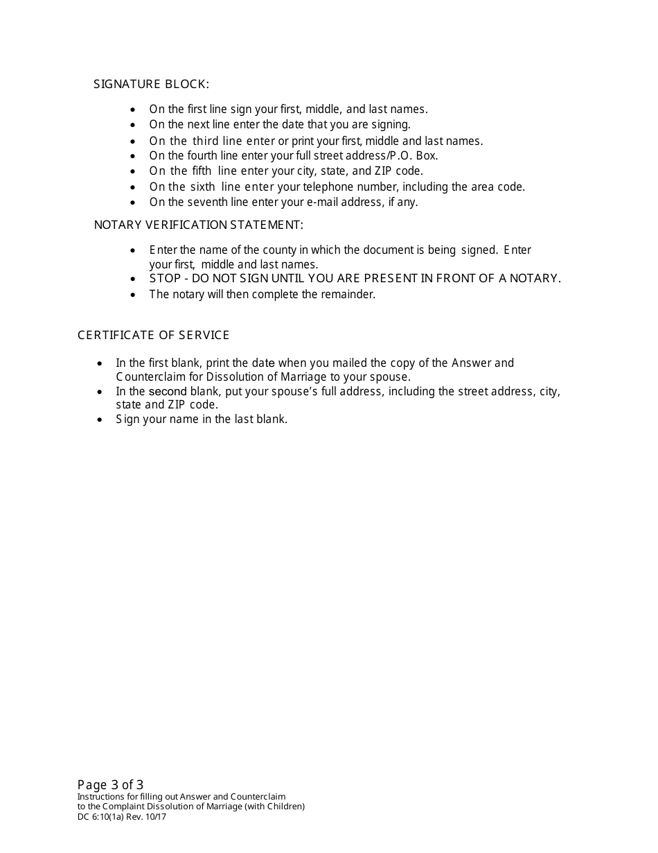 Instructions for Form DC10:1 Answer and Counterclaim for Dissolution of Marriage (Children) - Nebraska, Page 3