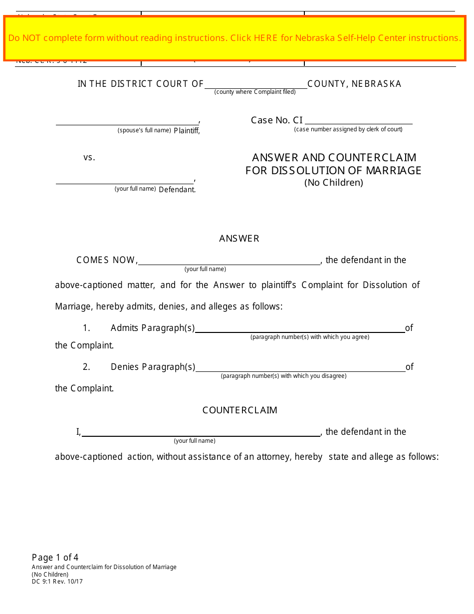 Form DC9:1 Answer and Counterclaim for Dissolution of Marriage (No Children) - Nebraska, Page 1