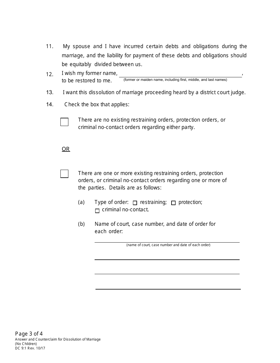 Form DC9:1 Answer and Counterclaim for Dissolution of Marriage (No Children) - Nebraska, Page 3