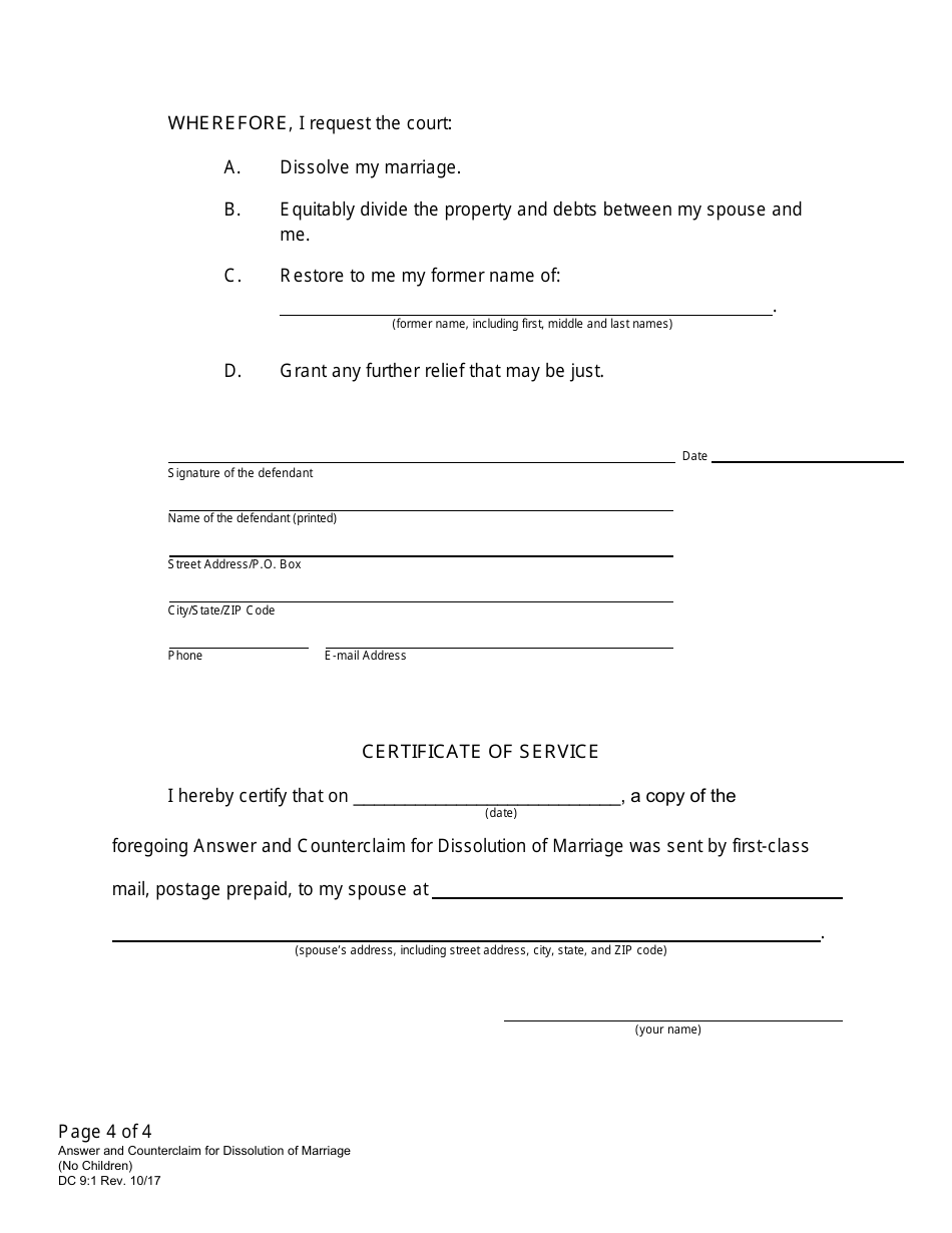 Form DC9:1 Answer and Counterclaim for Dissolution of Marriage (No Children) - Nebraska, Page 4