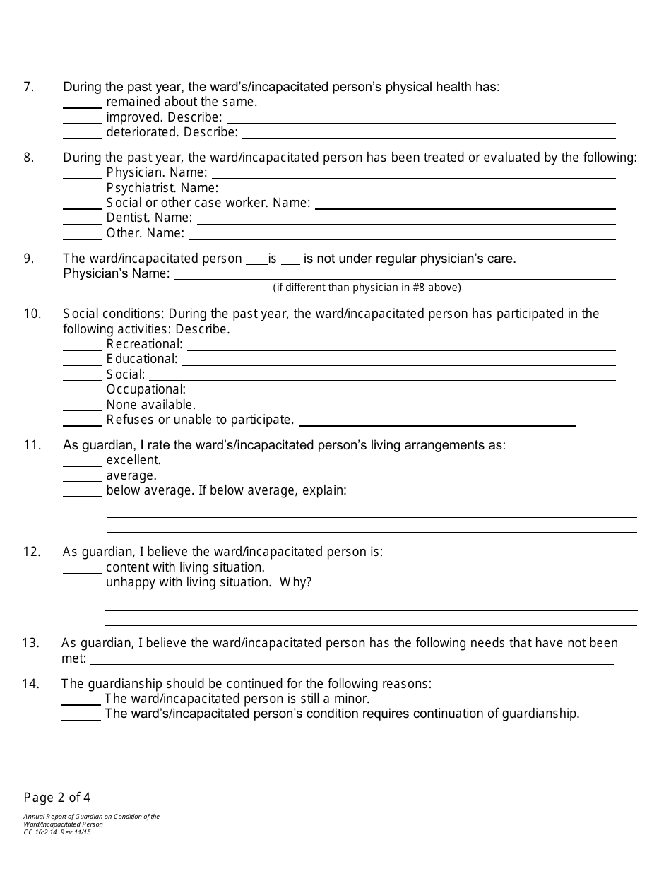 Form CC16:2.14 Annual Report of Guardian on Condition of Ward / Incapacitated Person - Nebraska, Page 2