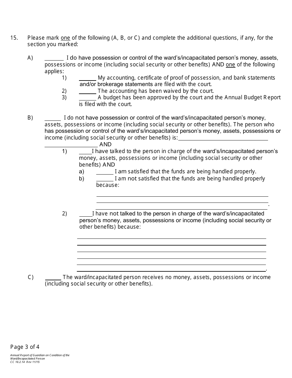 Form CC16:2.14 Annual Report of Guardian on Condition of Ward / Incapacitated Person - Nebraska, Page 3