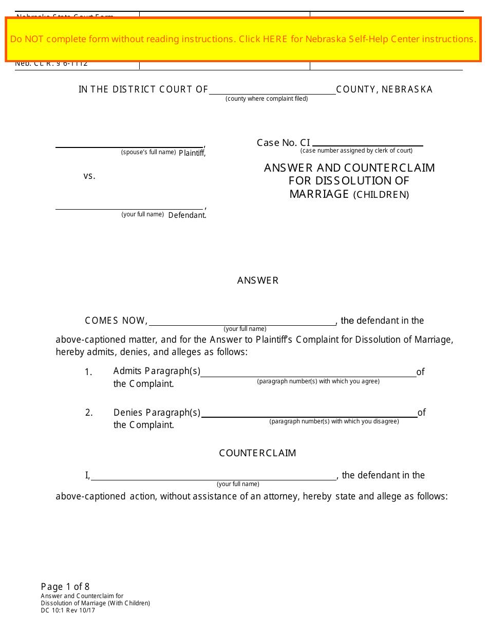 Form DC10:1 Answer and Counterclaim for Dissolution of Marriage (Children) - Nebraska, Page 1