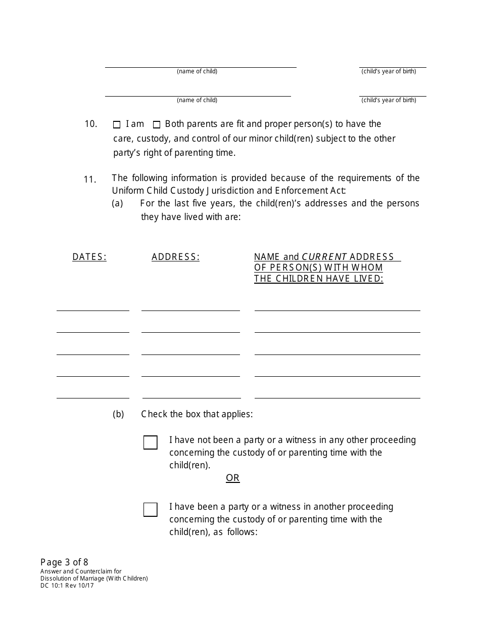 Form DC10:1 Answer and Counterclaim for Dissolution of Marriage (Children) - Nebraska, Page 3