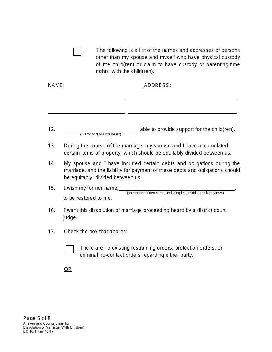 Form DC10:1 Answer and Counterclaim for Dissolution of Marriage (Children) - Nebraska, Page 5