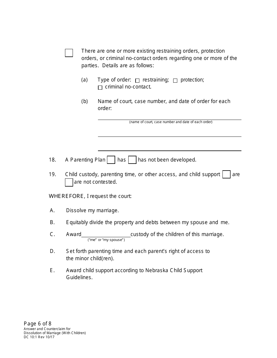Form DC10:1 Answer and Counterclaim for Dissolution of Marriage (Children) - Nebraska, Page 6