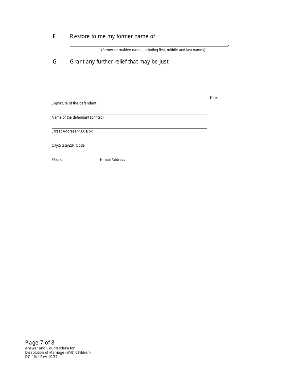 Form DC10:1 Answer and Counterclaim for Dissolution of Marriage (Children) - Nebraska, Page 7