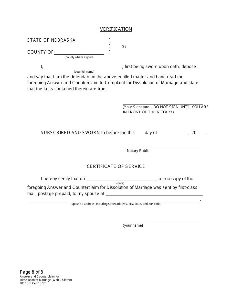 Form DC10:1 Answer and Counterclaim for Dissolution of Marriage (Children) - Nebraska, Page 8