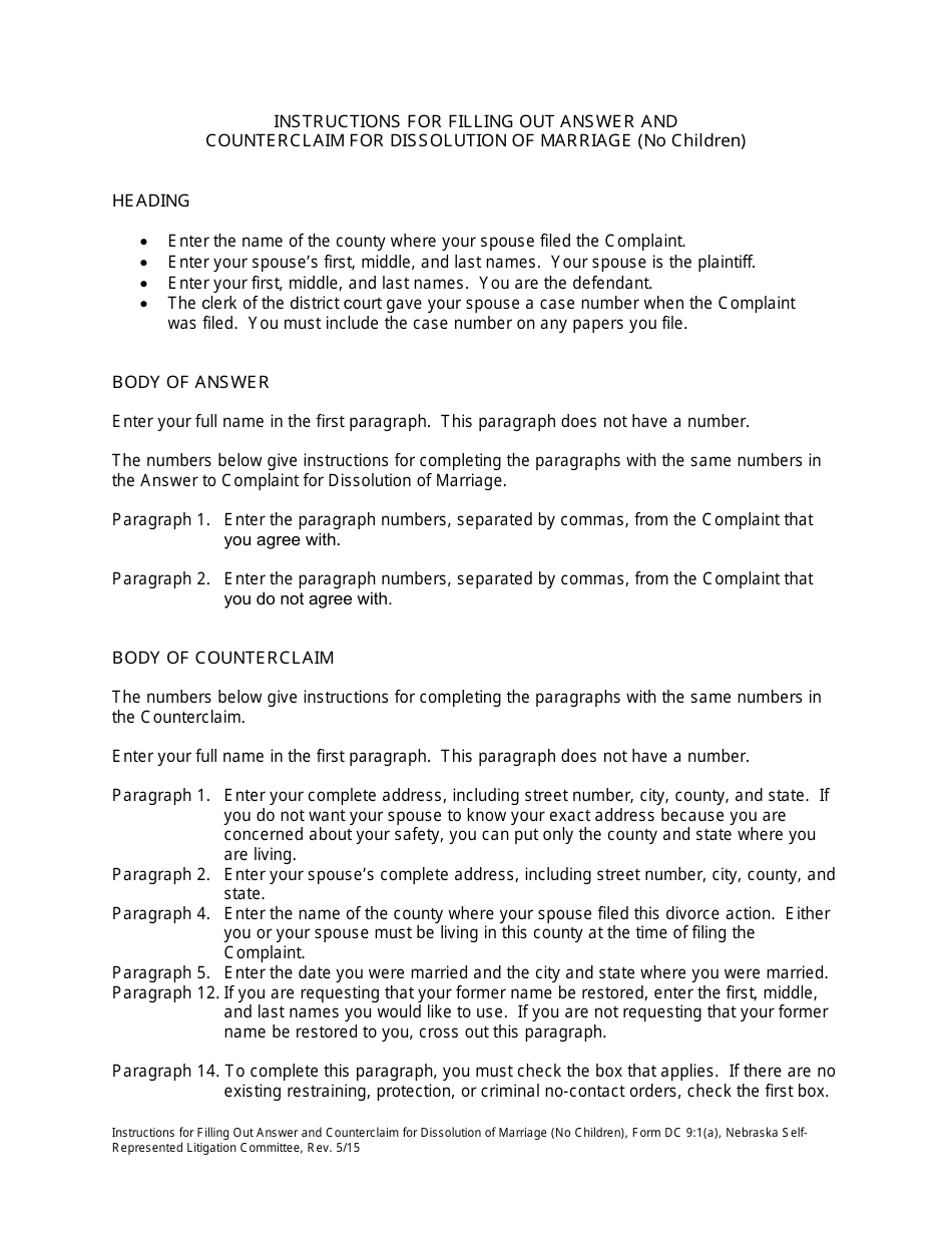 Instructions for Form DC9:1 Answer and Counterclaim for Dissolution of Marriage (No Children) - Nebraska, Page 1