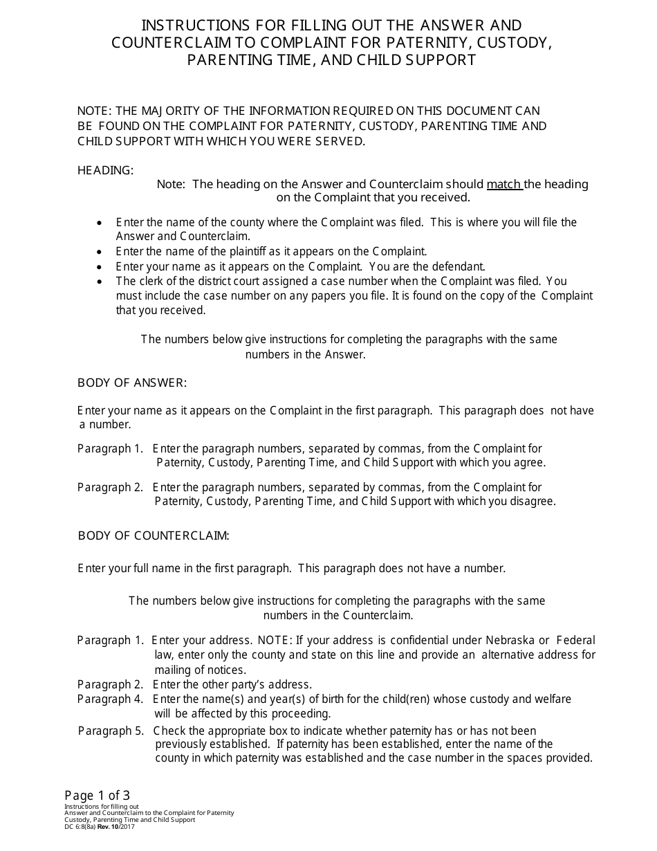 Instructions for Form DC6:8(8) Answer and Counterclaim to Complaint for Paternity, Custody, Parenting Time, and Child Support - Nebraska, Page 1