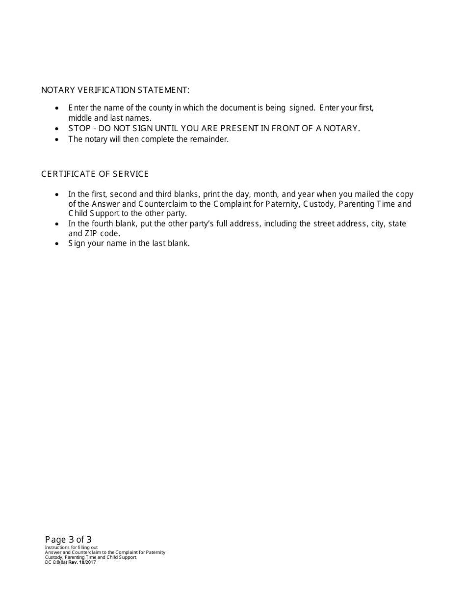Instructions for Form DC6:8(8) Answer and Counterclaim to Complaint for Paternity, Custody, Parenting Time, and Child Support - Nebraska, Page 3