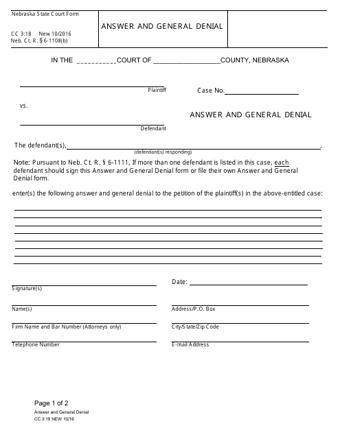Form CC3:18 Answer and General Denial - Nebraska