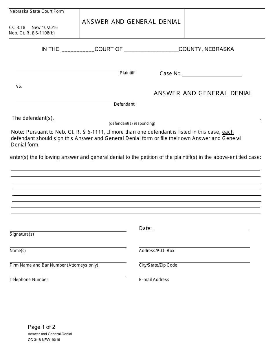 Form CC3:18 Answer and General Denial - Nebraska, Page 1