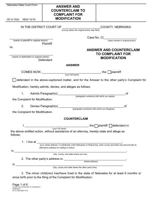 Form DC6:15(6) Answer and Counterclaim to Complaint for Modification - Nebraska