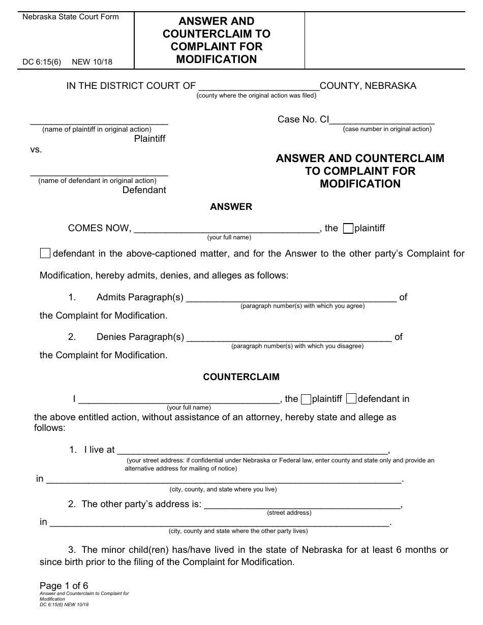 Form DC6:15(6) Answer and Counterclaim to Complaint for Modification - Nebraska, Page 1