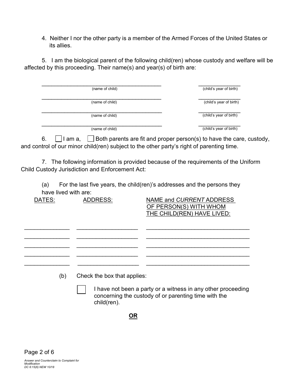 Form DC6:15(6) Answer and Counterclaim to Complaint for Modification - Nebraska, Page 2