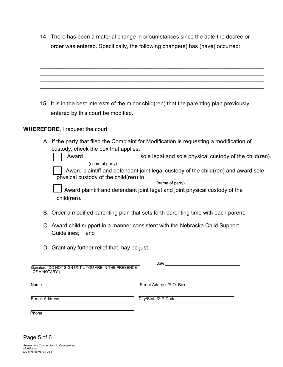 Form DC6:15(6) Answer and Counterclaim to Complaint for Modification - Nebraska, Page 5