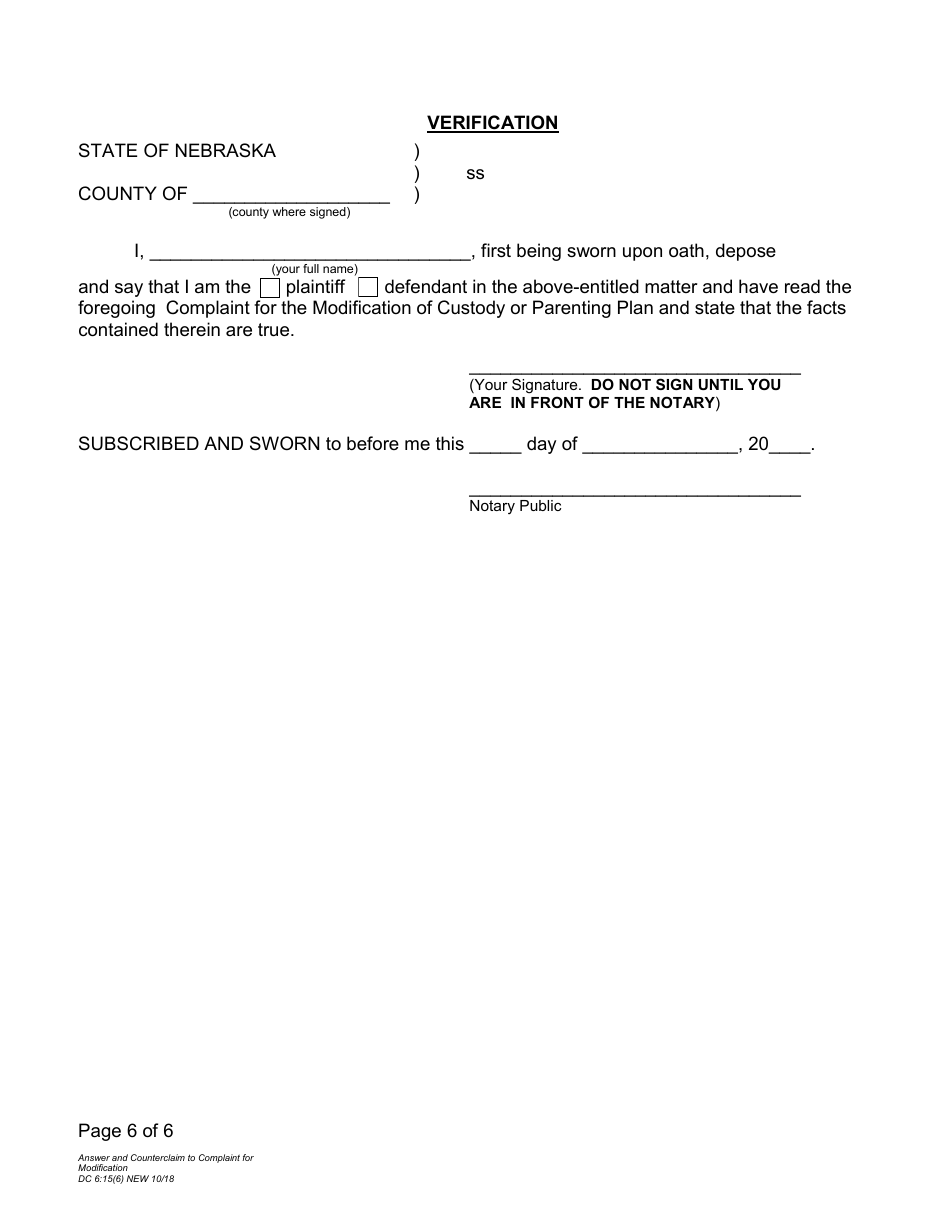Form DC6:15(6) Answer and Counterclaim to Complaint for Modification - Nebraska, Page 6