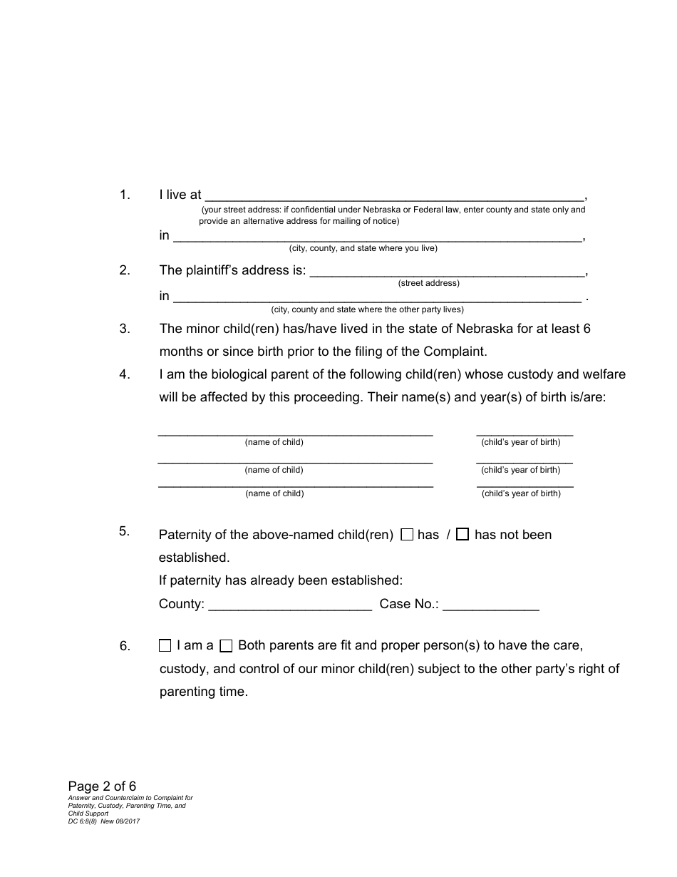 Form DC6:8(8) Answer and Counterclaim to Complaint for Paternity, Custody, Parenting Time, and Child Support - Nebraska, Page 2