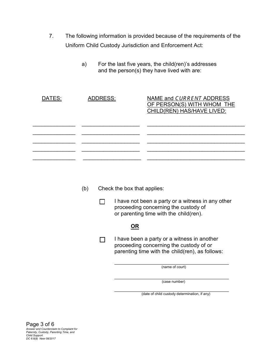 Form DC6:8(8) Answer and Counterclaim to Complaint for Paternity, Custody, Parenting Time, and Child Support - Nebraska, Page 3