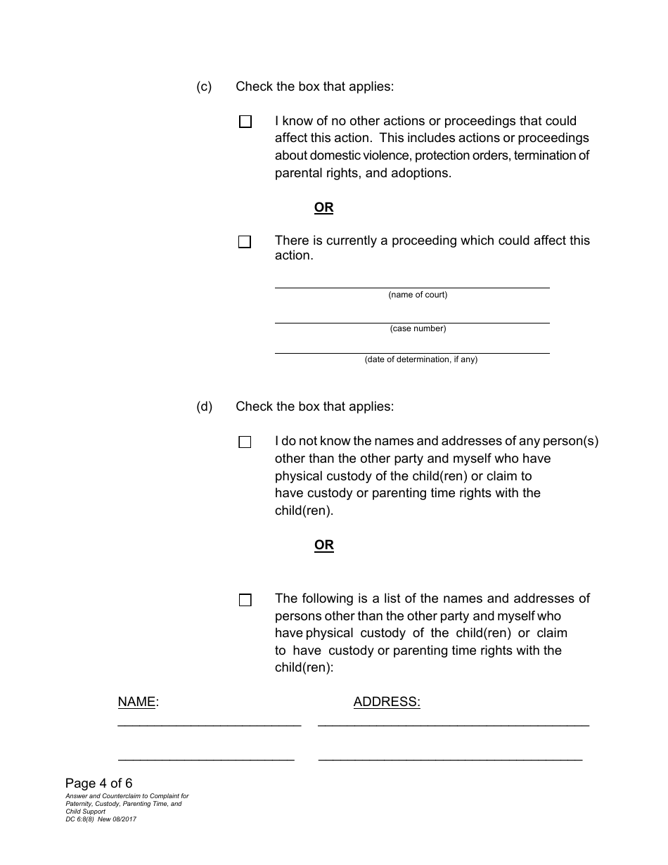 Form DC6:8(8) Answer and Counterclaim to Complaint for Paternity, Custody, Parenting Time, and Child Support - Nebraska, Page 4