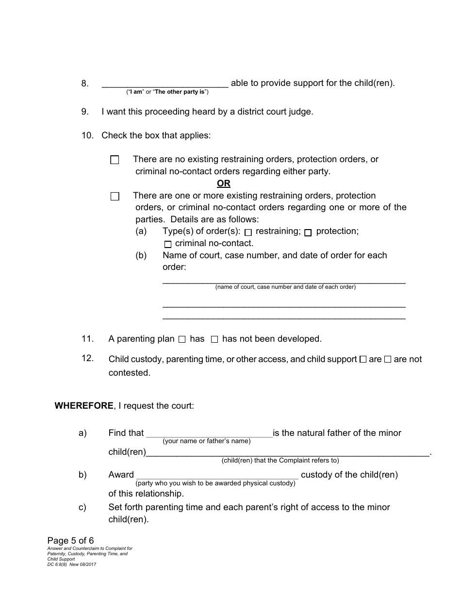 Form DC6:8(8) Answer and Counterclaim to Complaint for Paternity, Custody, Parenting Time, and Child Support - Nebraska, Page 5