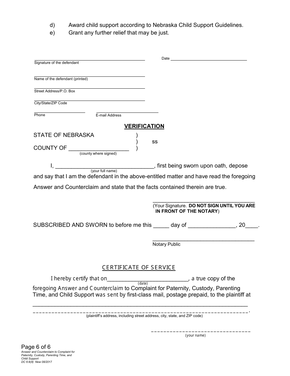 Form DC6:8(8) Answer and Counterclaim to Complaint for Paternity, Custody, Parenting Time, and Child Support - Nebraska, Page 6