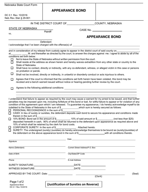 Form DC3:1 Download Fillable PDF or Fill Online Appearance Bond ...