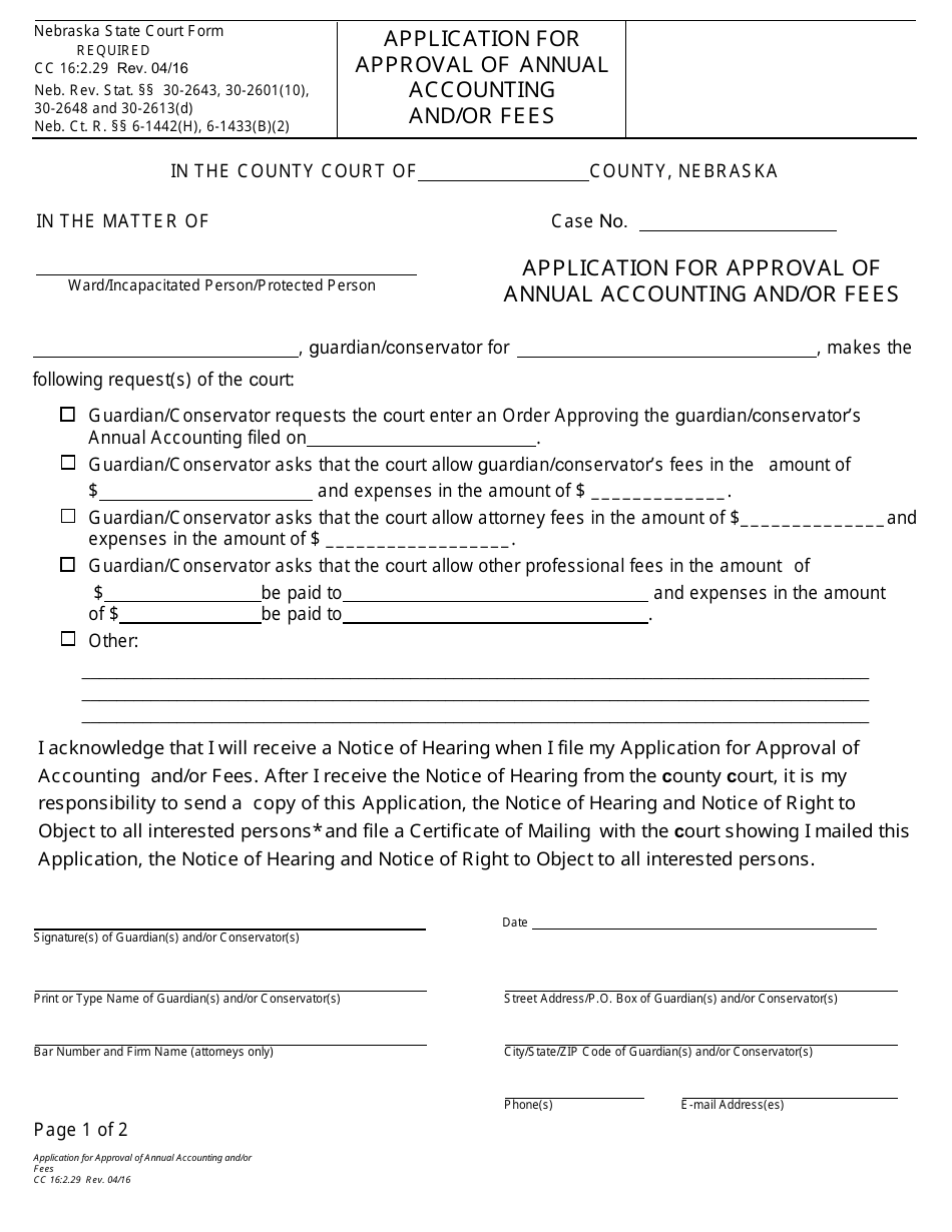 Form CC16:2.29 Application for Approval of Annual Accounting and / or Fees - Nebraska, Page 1