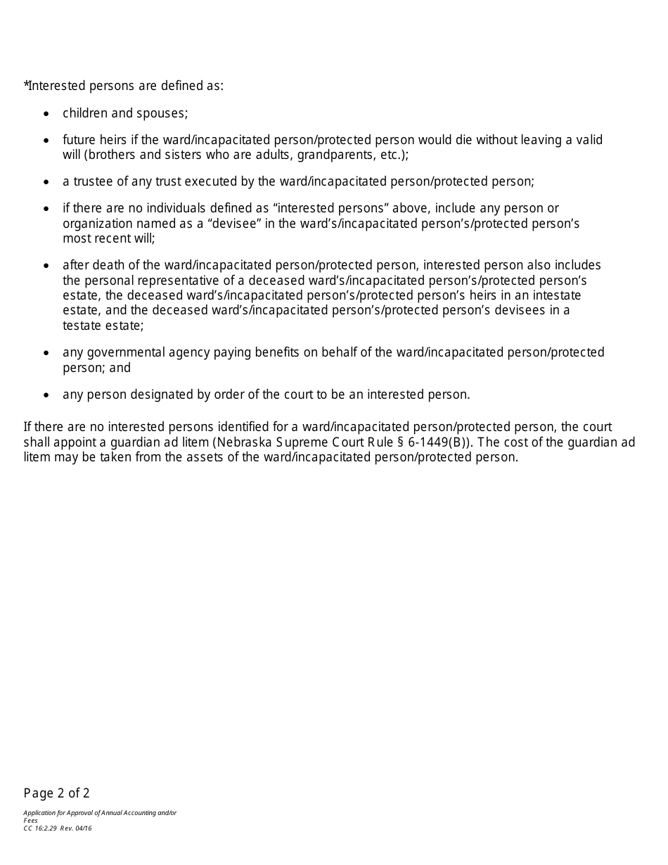 Form CC16:2.29 Application for Approval of Annual Accounting and / or Fees - Nebraska, Page 2