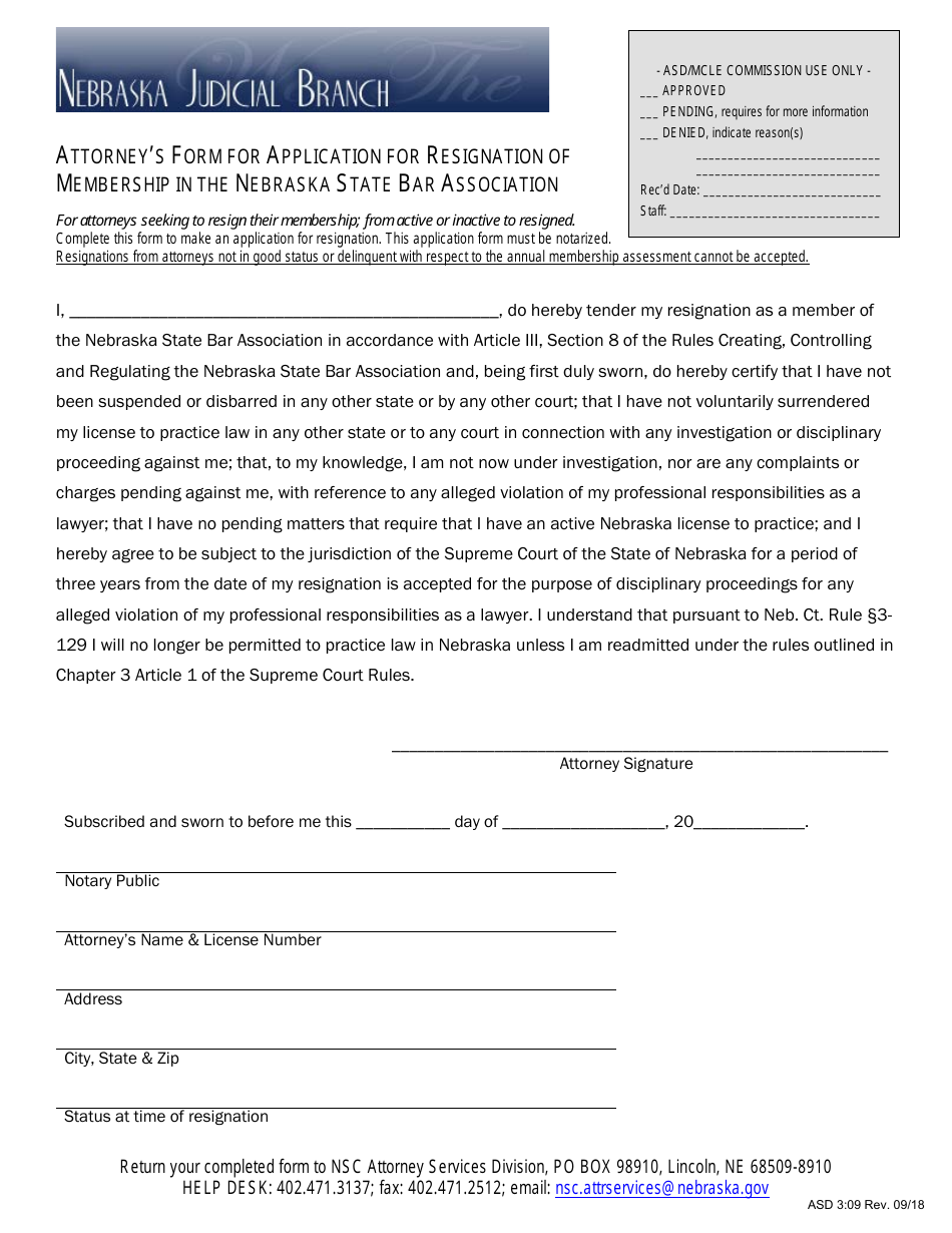 Form ASD3:09 Attorneys Form for Application for Resignation of Membership in the Nebraska State Bar Association - Nebraska, Page 1