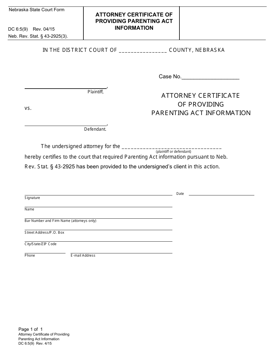Form DC6:5(9) Attorney Certificate of Providing Parenting Act Information - Nebraska, Page 1