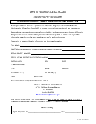 Document preview: Form AD2:07 Authorization to Conduct Criminal Background Check and Investigation - Nebraska