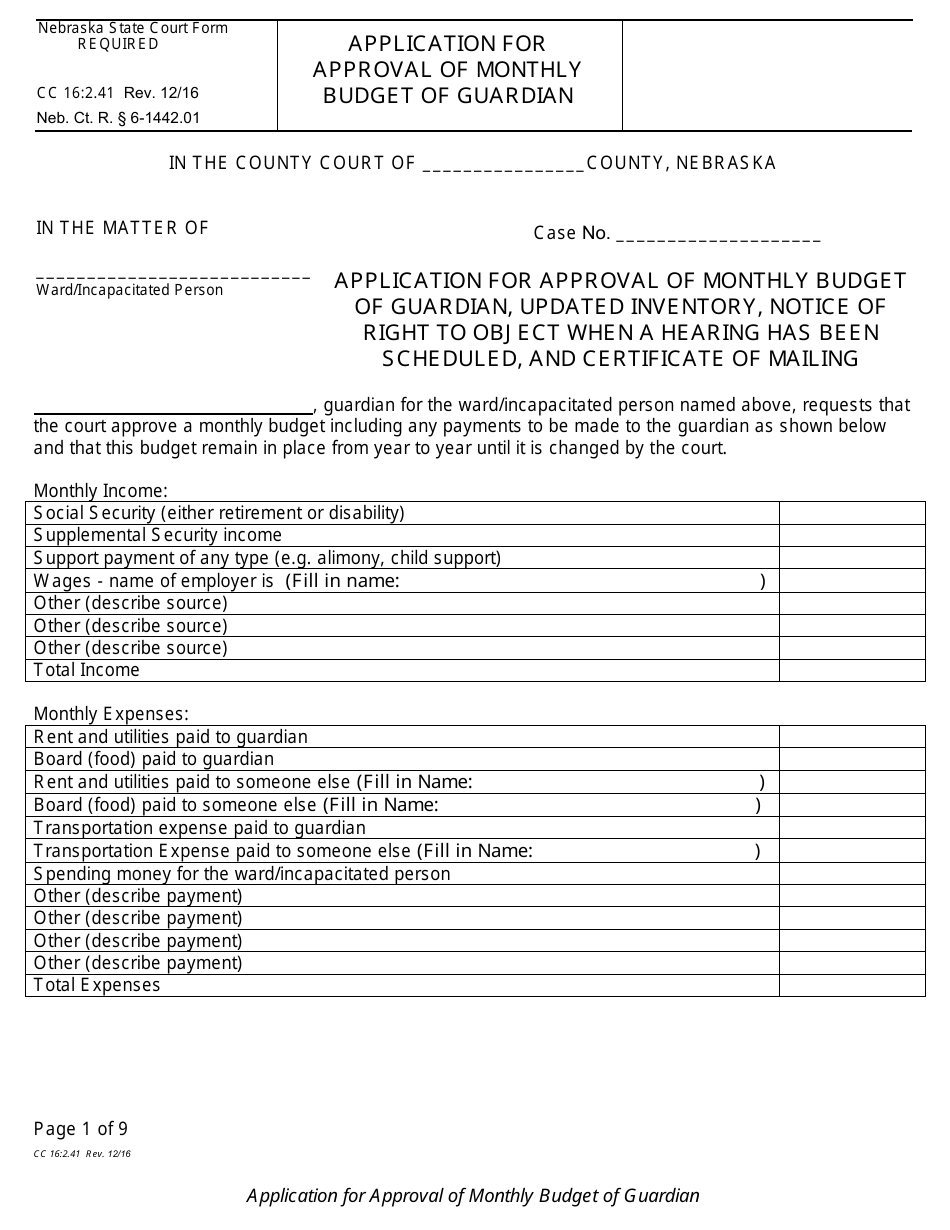 Form CC16:2.41 Application for Approval of Monthly Budget of Guardian - Nebraska, Page 1