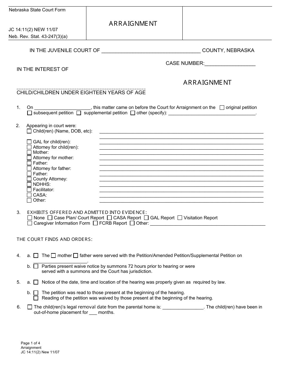 Form Jc14 11 2 Download Fillable Pdf Or Fill Online Arraignment Nebraska Templateroller
