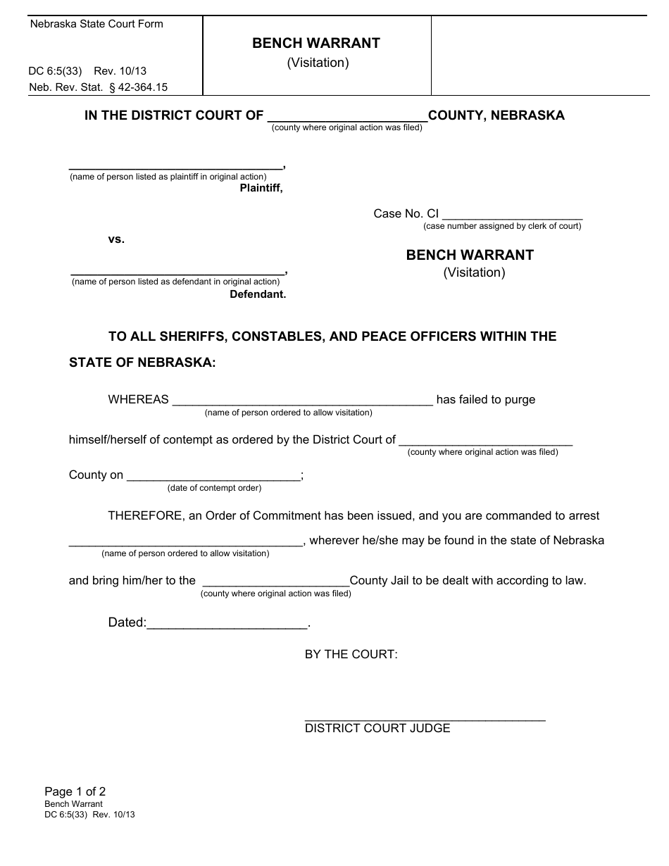 Form DC6:5(33) Bench Warrant (Visitation) - Nebraska, Page 1