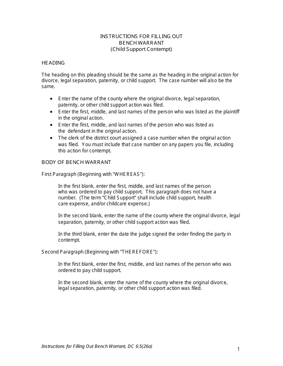 Instructions for Form DC6:5(26) Bench Warrant (Enforcement of Child Support Order) - Nebraska, Page 1
