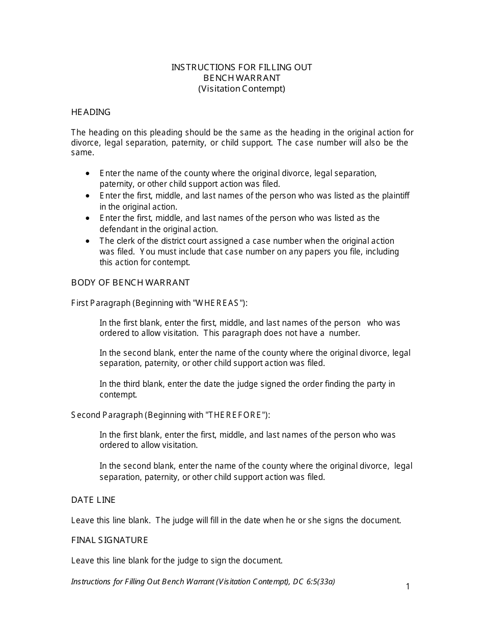 Instructions for Form DC6:5(33) Bench Warrant (Visitation) - Nebraska, Page 1
