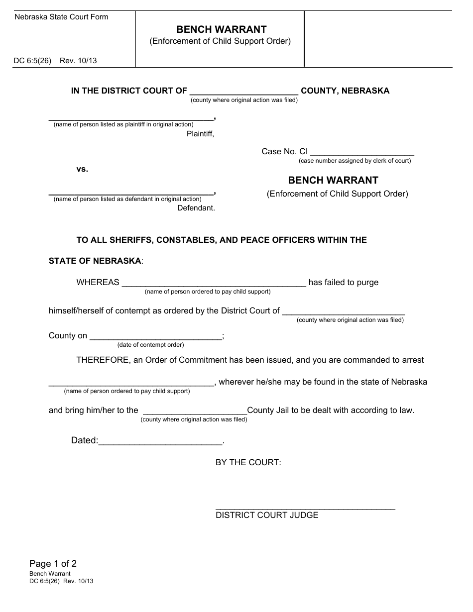 Form DC6:5(26) Bench Warrant - Nebraska, Page 1