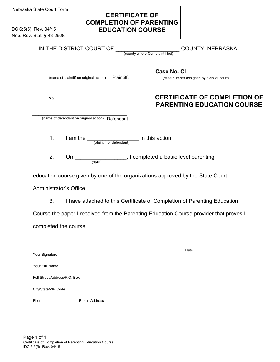 Form DC6:5(5) Certificate of Completion of Parenting Education Course - Nebraska, Page 1