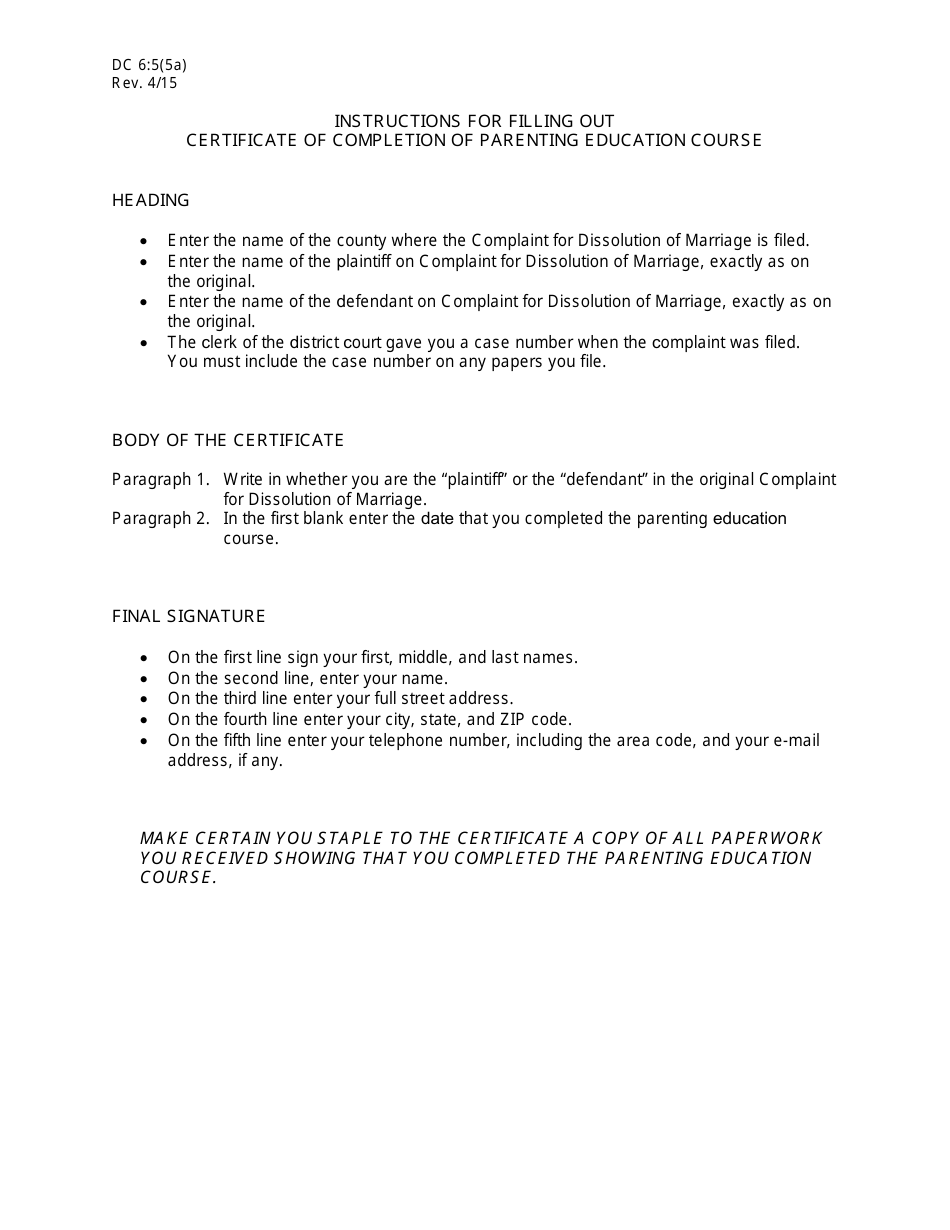 Instructions for Form DC6:5(5) Certificate of Completion of Parenting Education Course - Nebraska, Page 1