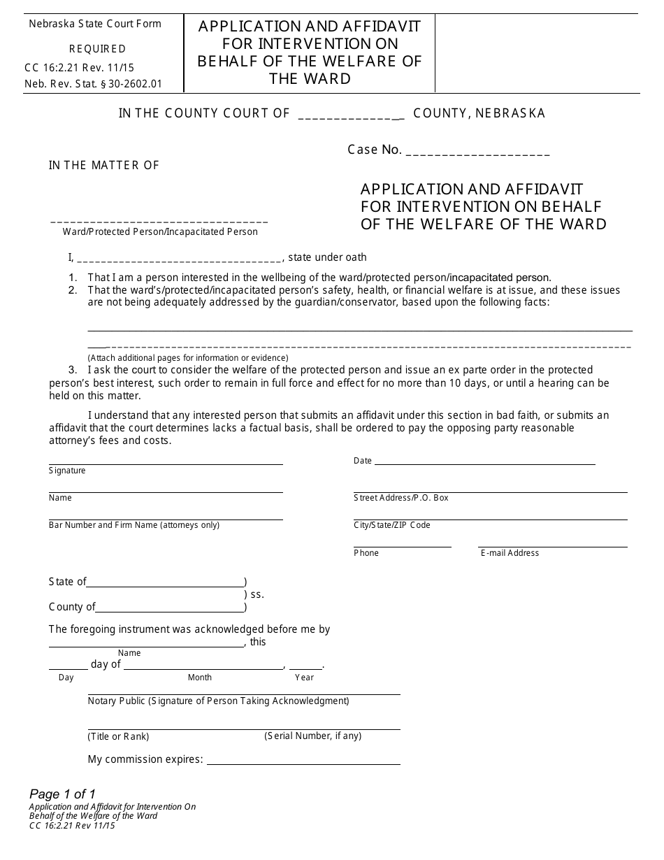 Form CC16:2.21 Application and Affidavit for Intervention on Behalf of the Welfare of the Ward - Nebraska, Page 1