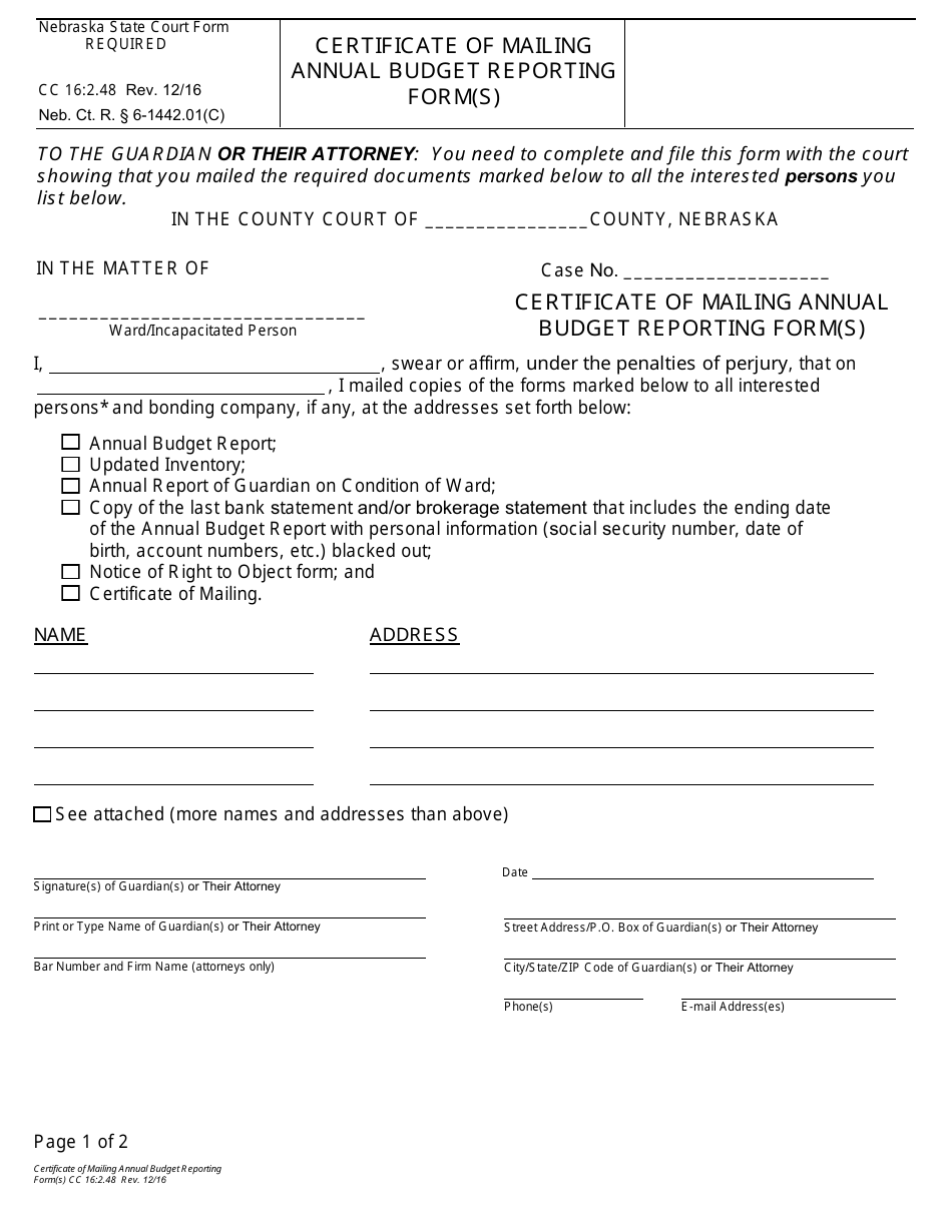 Form CC16:2.48 Certificate of Mailing Annual Budget Reporting Form(S) - Nebraska, Page 1