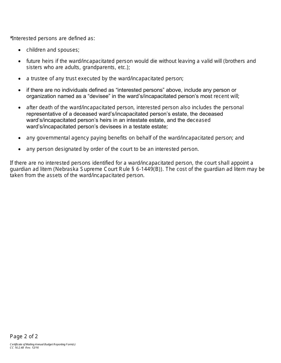 Form CC16:2.48 Certificate of Mailing Annual Budget Reporting Form(S) - Nebraska, Page 2