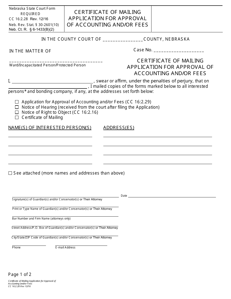 Form CC16:2.28 Certificate of Mailing Application for Approval of Accounting and / or Fees - Nebraska, Page 1