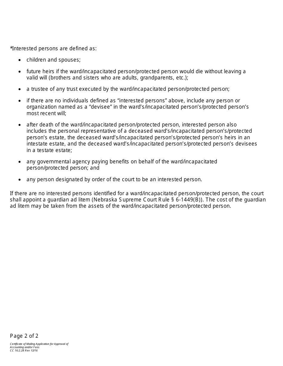Form CC16:2.28 Certificate of Mailing Application for Approval of Accounting and / or Fees - Nebraska, Page 2
