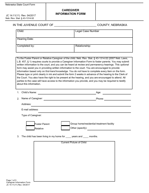 Form JC14:11(11) Caregiver Information Form - Nebraska